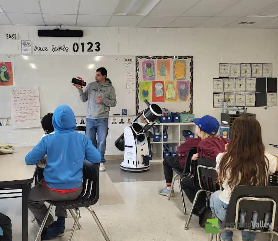 Kenton Dyck, Astro Club's founder, giving a presentation on astronomy at a local school. Submitted photo.
